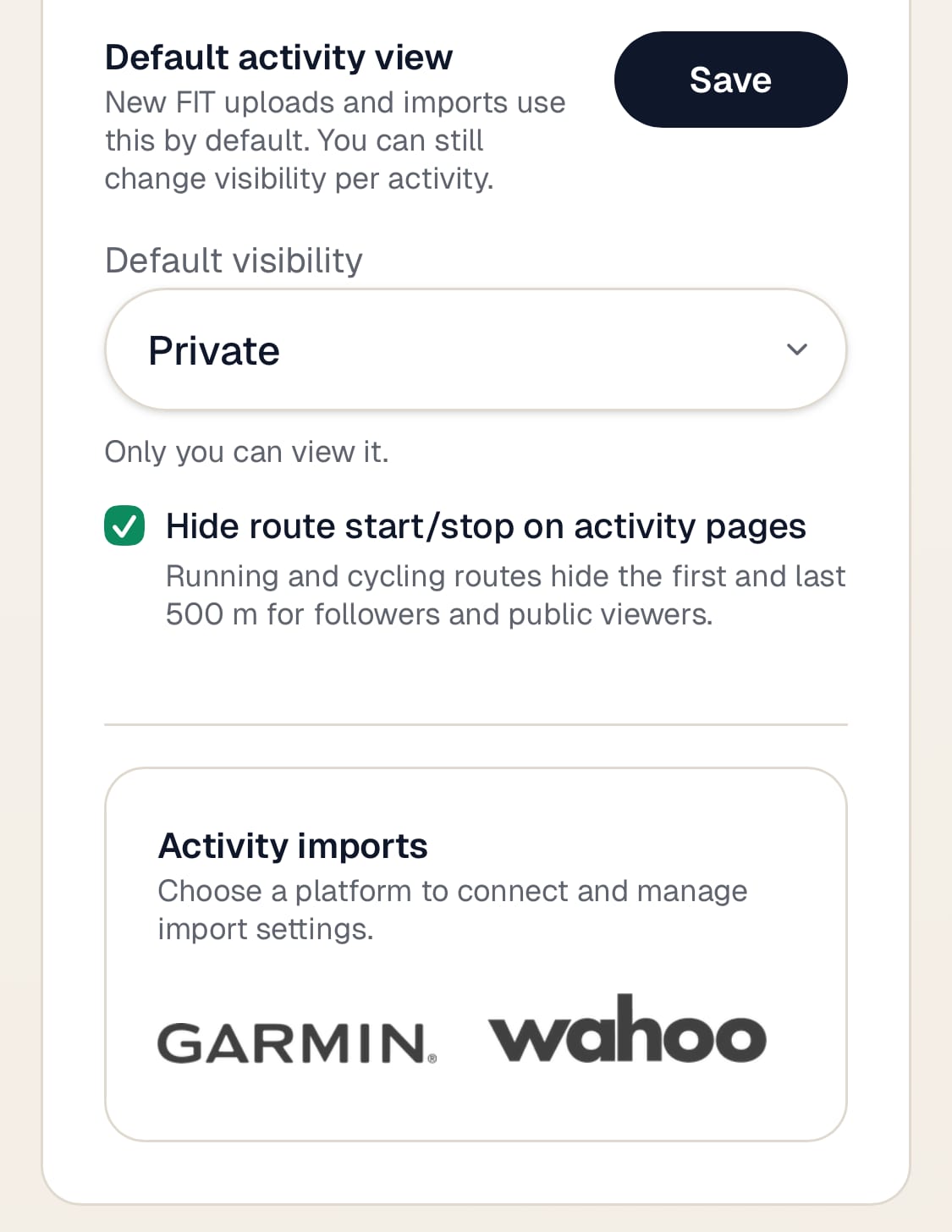 You can find the privacy setting for hiding start stop at the bottom of "Your activities" tab in settings.