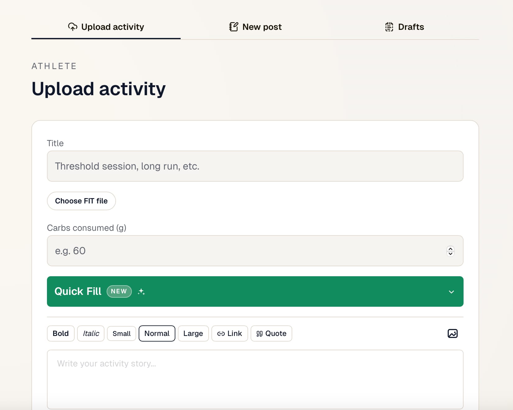 In your upload workspace you can choose between uploading activities, writing a new post without activity or browse your open drafts.