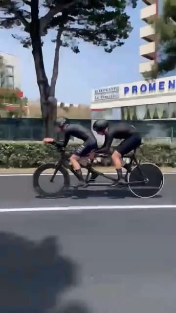 Staying high on the front traditionally isn't super aero but at 173cm I had to try and hide my 185cm stoker as best as possible. It's not the ideal combination but we put in a performance we're proud of