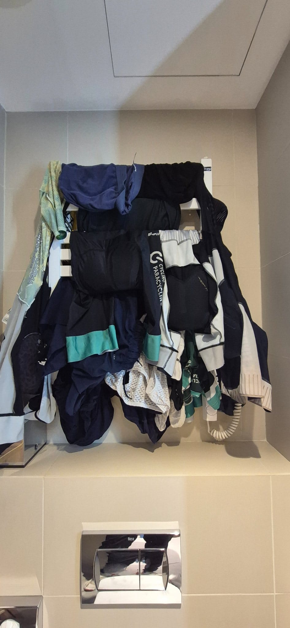 The glamour of keeping clothes clean on the road. The Towel rack was well tested!